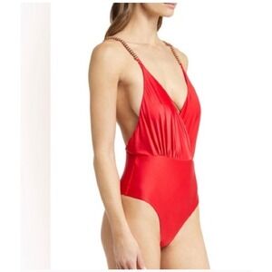 FARM Rio Red Beaded‎ Strap Surplice V Neck One Piece Swimsuit Sz L